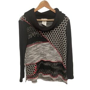 Zoe Tunic Top Cowl Neck Mixed Media Patchwork  Black White Red Medium